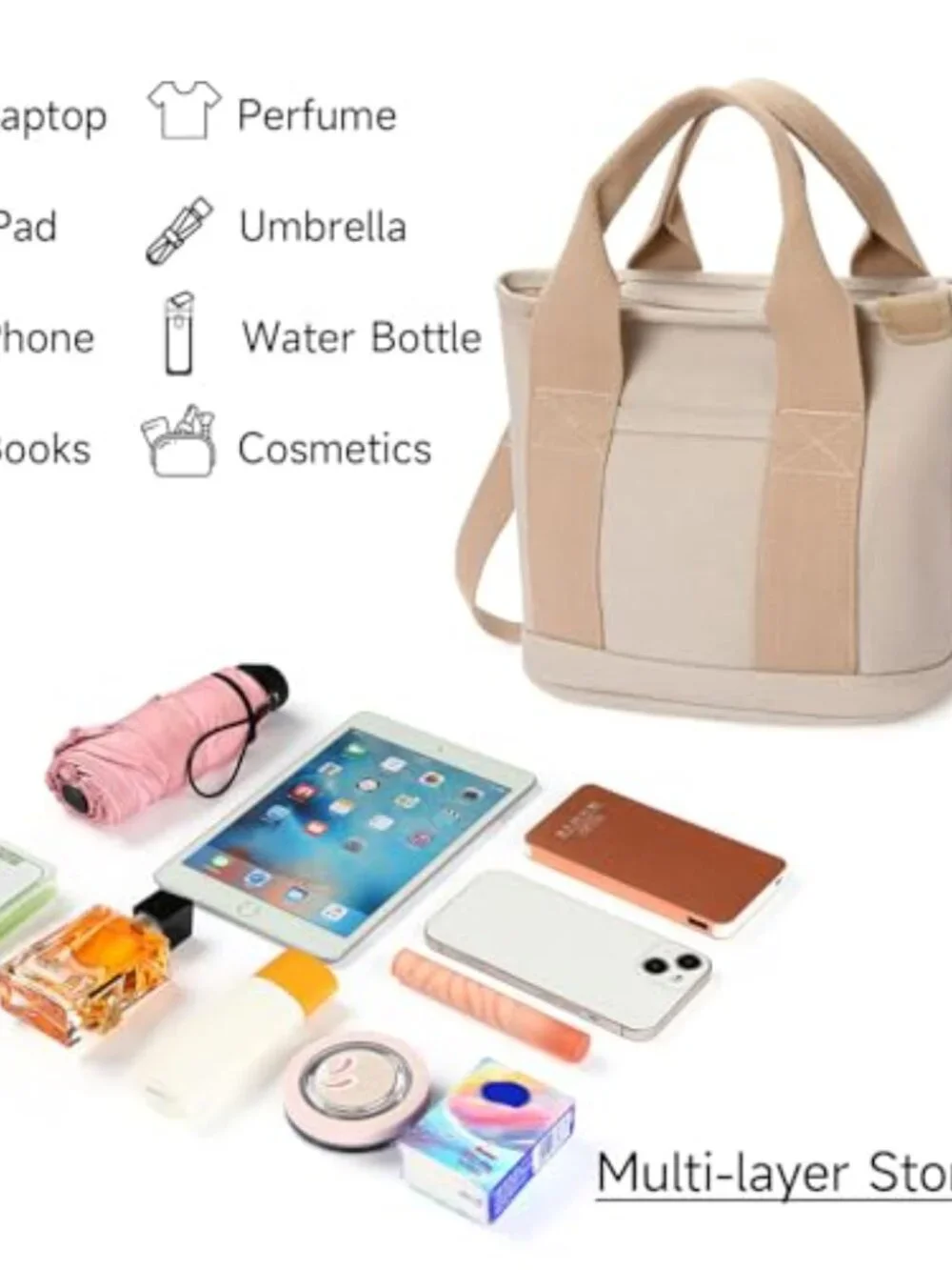 Small Tote Bag with Zipper Crossbody Canvas Handbag for Work Travel